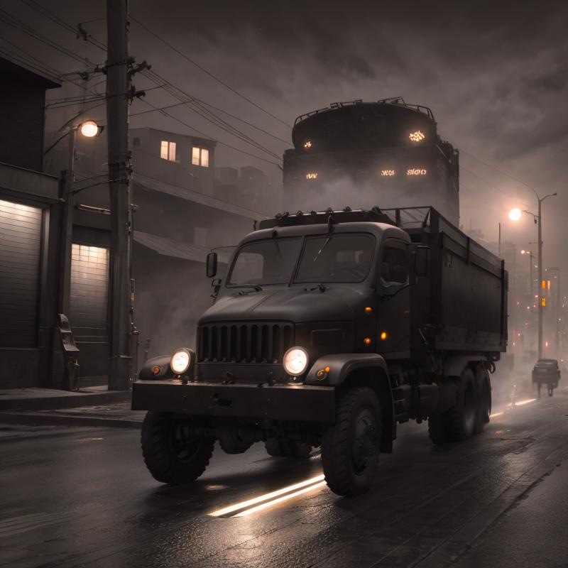 50774-3271317853-raw, (black matte v3s truck_1.1)   , in the spotlight, scifi cyberpunk city backalley,  volumetric lights, mist, cinematic.png